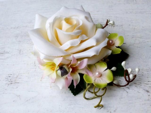 wedding photo - Ivory hair flower, Bridal hair flower, Floral hair clip, Wedding hair flower, Floral headpiece, Ivory bridal flower, Pale pink, Pearls