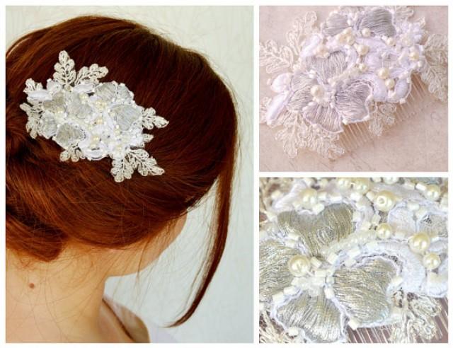 wedding photo - Bridal Lace Hair Comb, Vintage lace hair piece, Hair comb with pearls, Silver hair comb, Vintage bridal accessory, Beaded hair comb, Pearls