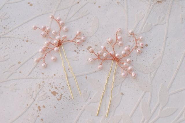 wedding photo - Rose gold hair pins, Bridal hairpiece, Rose gold wedding accessory, Set of two pins, Bridal hair clip, Soft pink hair pins, Pink pearl clip