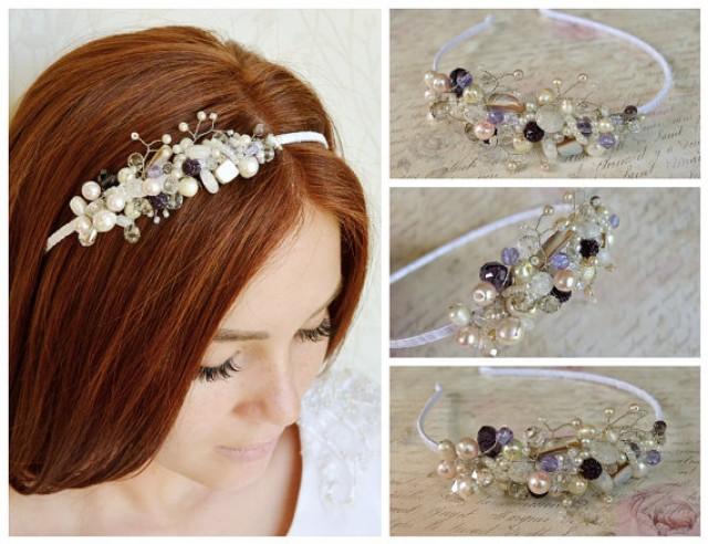 wedding photo - Crystal bridal tiara, Wedding tiara, White purple headpiece, Pearl hairpiece, Pearl bridal crown, Beaded hwadband, Couture headpiece, Lilac