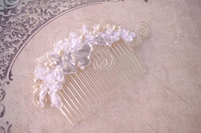wedding photo - White Silver Lace Hair Comb, Vintage lace hair piece, Hair comb with pearls, Ivory hair comb, Vintage lace hairpiece, Winter wedding