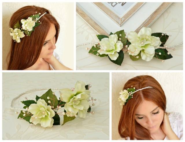 wedding photo - Bridal flower crown, Ivory wedding hairpiece, Pearl headpiece, Floral headband, Flower crown, Floral halo, Bridal headpiece, Feminine