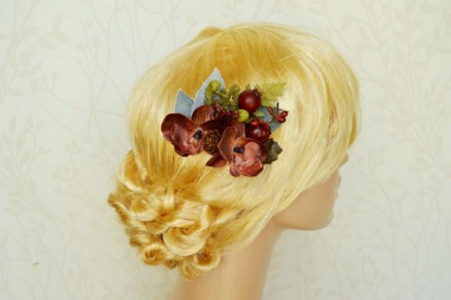 wedding photo - Fall hair flower, Pinecone hair piece, Marsala floral hair clip, Woodland hair piece, Bridal headpiece, Rustic wedding hair flower, Berries