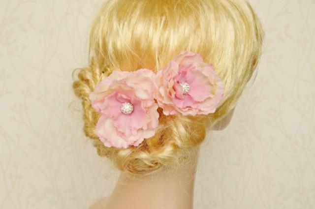 wedding photo - Bridal hair clip, Bridal hairpiece flower, Pink hair flower, Wedding headpiece, Bridal headpiece, Wedding pins, Floral clip, Rhinestones