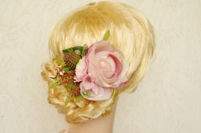 wedding photo - Pale pink bridal hairpiece, Pink wedding headpiece, Pink rose hair flower, Floral bridal headpiece, Woodland hairpiece, Floral hair clip