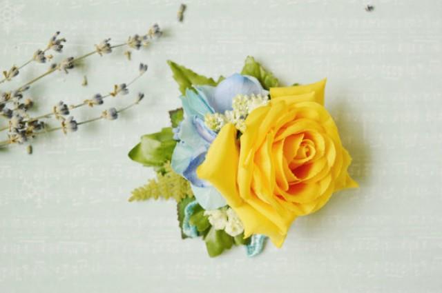 wedding photo - Bridal hair flower, Blue yellow fhair clip, Spring wedding hair piece, Wedding hair flower, Yellow headpiece, Yellow blue wedding, floral