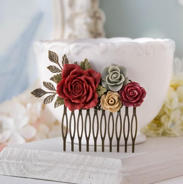 Red Latte Brown Gray Hair Comb Red Wedding Hair Comb Floral Bridal Comb Bridesmaid Gift Antiqued Gold Leaf Rustic Vintage Hair Accessory