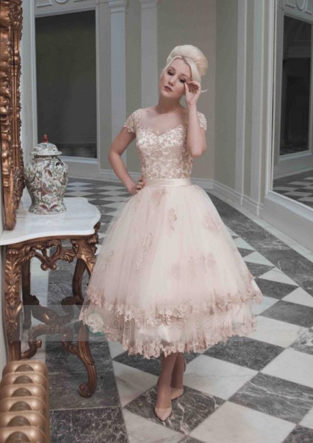 wedding photo - Ball Gown Bateau Tea-Length Pink Tulle Wedding Dress with Lace Appliques