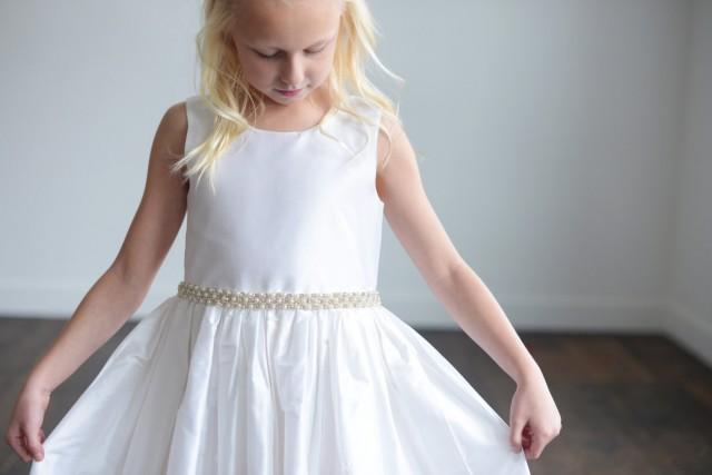 Pure silk first communion dress or flower girl dress in ivory or white with pearl detail
