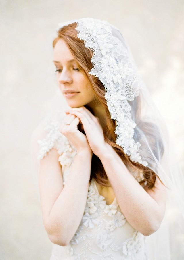 Wedding Veil, Lace Mantilla Veil, Lace Crystal beaded Bridal Veil, Chapel Veil - Style 302