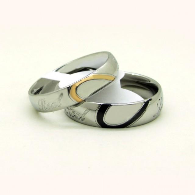 Custom Engravable Matching Half Heart Promise Couples Rings Set for 2