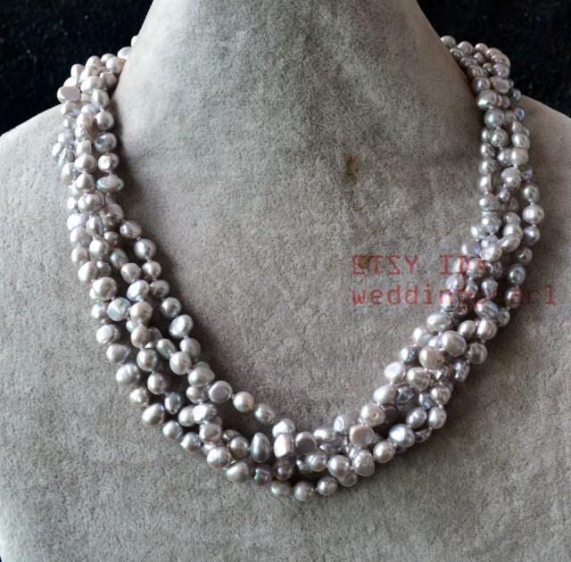 gray pearl necklace,four row 6-6.5 mm gray baroque pearl necklace,twisted gray necklace.real pearl necklace,statement necklace,genuine pearl