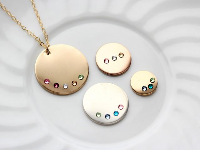 Disc Necklace with Birthstones - Personalized Disk Necklace for Mom, Wife, Wedding Christmas Gift / Sterling Silver Gold Rose Gold Filled