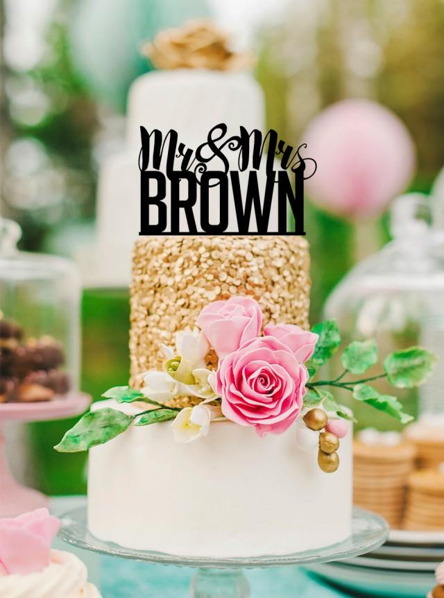 Personalized Name Cake Topper &quot;Mr & Mrs&quot; Custom Wedding Cake Topper in Wood or Glitter, Last Name Cake Topper (Item - CMM800)