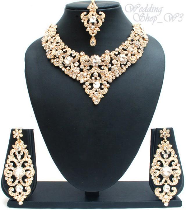 Elegant Gold Plated Crystal Diamante Vintage Bridal Set Indian Jewelry Necklace Earrings Tikka Wedding Jewellery Bridesmaids Gift Party NS5G