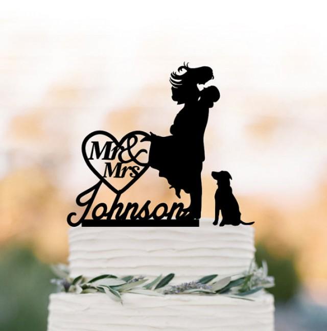 wedding photo - Personalized Wedding Cake topper with dog, Bride and groom silhouette with mr and mrs, 28 different dogs and silver mirror available