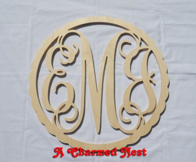 24 inch Scalloped Border Circle Vine Wooden Monogram - Wedding, Nursery, Home
