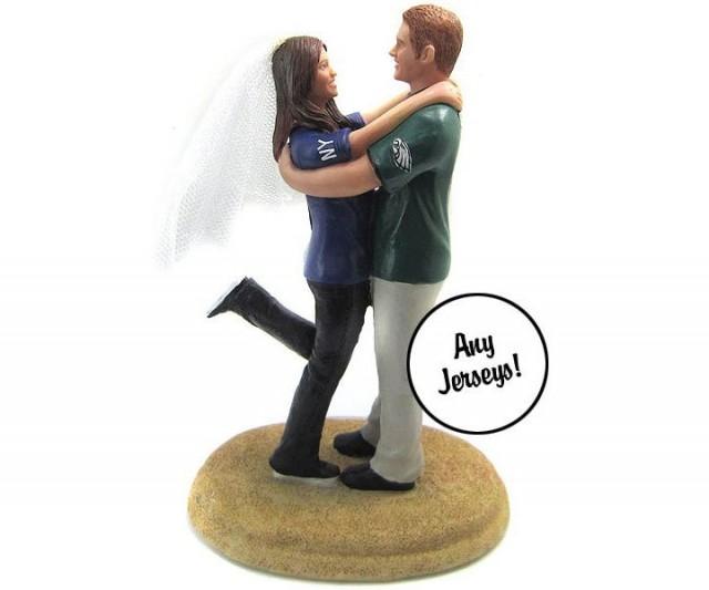Embracing Couple in Sports Jerseys Wedding Cake Topper