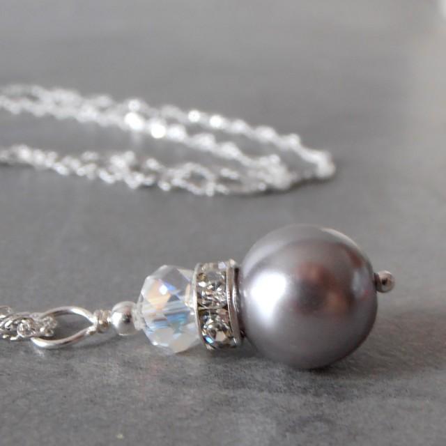 Gray Pearl Bridesmaid Jewelry, Simple Beaded Pendant, Wedding Party Necklaces, Grey Bridal Jewellery in Silver, Avalon