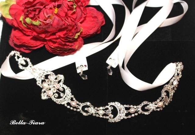 SAMPLE SPECIAL - wedding headband, swarovski crystal headband, bridal pearl headpiece, pearl Crystal headpiece, ribbon headpiece