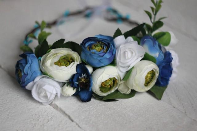 wedding photo - Something blue Wreath Rustic Floral Wreath Bridal Wreath hair flowers headband wreath flower crown floral accessory halo flower headband