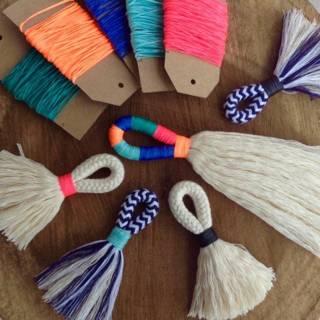 DIY Tassel Making Kit.  Make your own large or mini tassels with cream cotton rope and waxed neon twine. Block colour tassels
