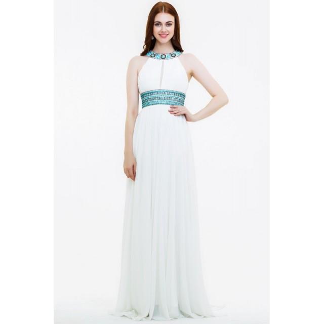 Bodice Long Pure White Halter Prom Dress - dressosity.com