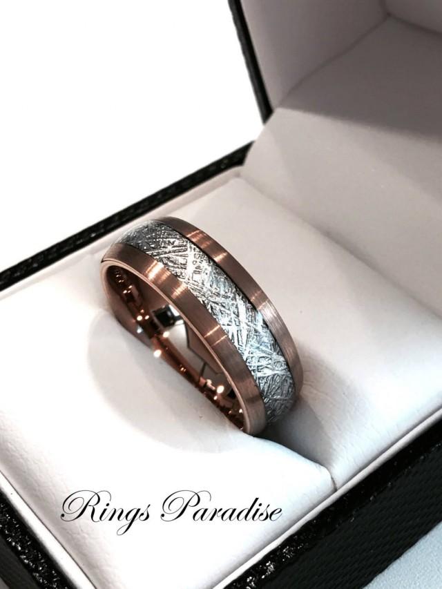 wedding photo - Meteorite Inlay Rose Gold Brushed Tungsten Wedding Bands, Engagement rings by Rings Paradise