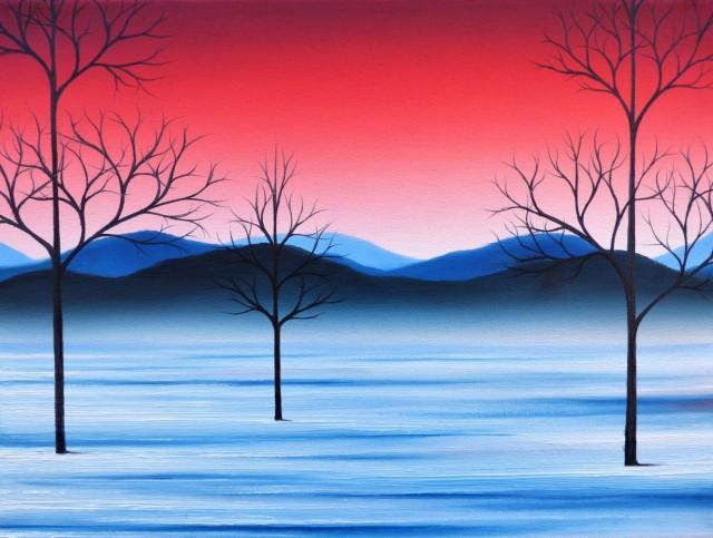 Oil Painting, ORIGINAL Painting, Snowy Landscape Painting, Bare Tree Art, Winter Scene, Red Sky, Mountains, Whimsical Snow Wall Decor, 12x16