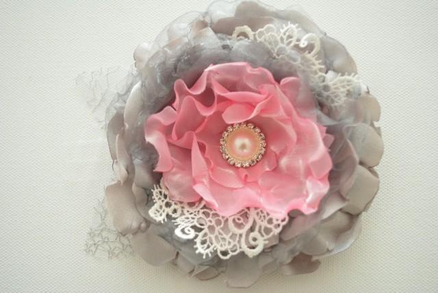 grey gray pink romantic rose, weddings accessories hair, bride bridesmaids, satin flowers, brooch, bridal hair clip, flower for sash