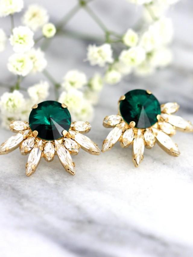 wedding photo - Emerald Earrings, Bridal Emerald Earrings, Swarovski Emerald Earrings, Bridal Cluster Earrings, Bridesmaids Earrings, Bridal Cluster Studs