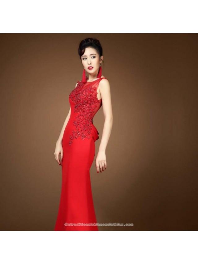 wedding photo - Asymmetry floral lace evening dress floor length red bridal wedding gown - Cntraditionalchineseclothing.com