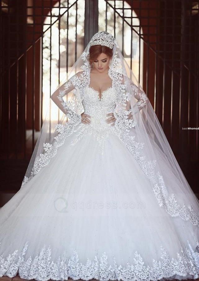 wedding photo - Ball Gown Off The Shoulder Cathedral Train Tulle Wedding Dress with Appliqued