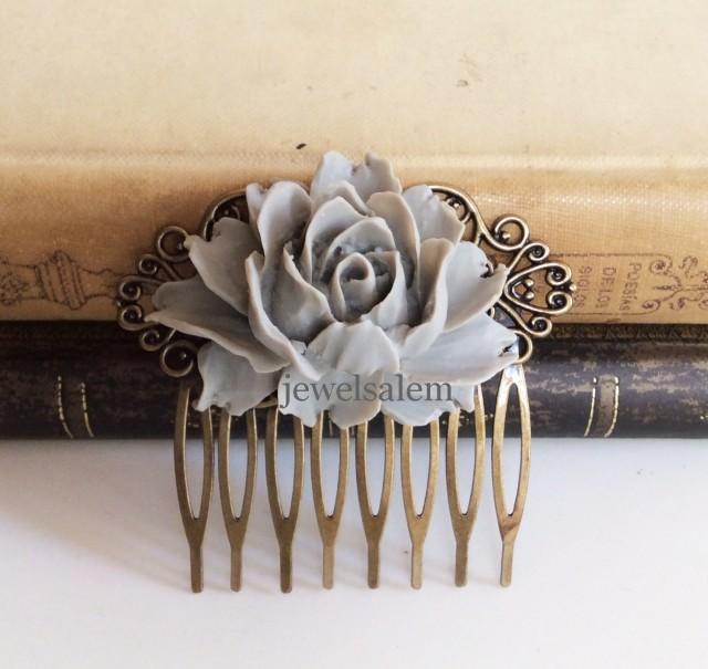 Gray Wedding Comb Grey Hair Accessories Bridal Big Flower Comb Woodland Floral Bridesmaids Head Piece Large Rose Nature Autumn WR