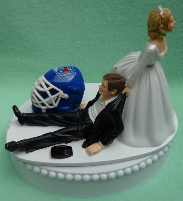 Wedding Cake Topper New York Rangers NY Hockey Themed w/ Bridal Garter Humorous Bride Groom Unique Sports Fans Funny Helmet Mask Puck Top