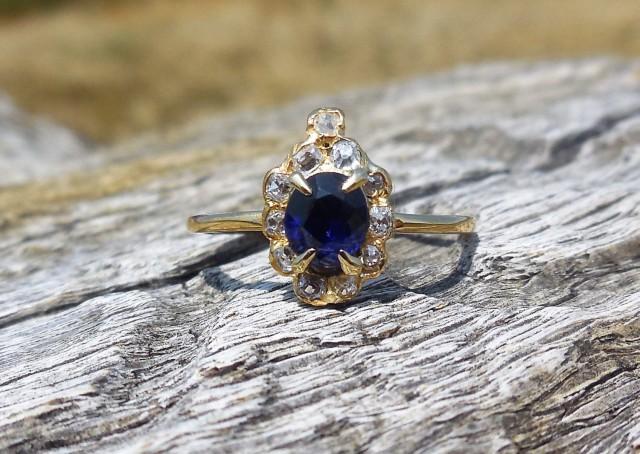 Georgian Blue Sapphire Old Mine Cut Diamond Unique Engagement Ring Crowned Heart 15k Yellow Gold