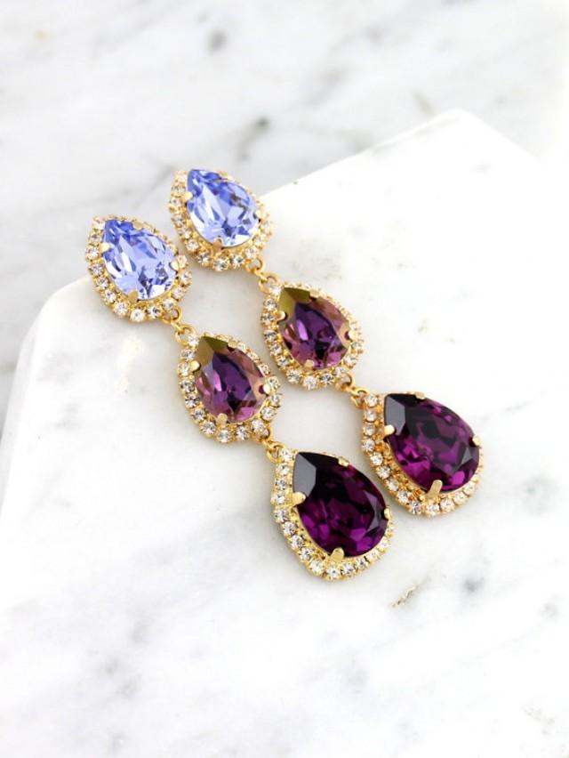 wedding photo - Purple Chandelier, Bridal Plum LONG Earrings, Swarovski Chandelier Earrings, Bridal Purple Crystal Earrings, Lilac Purple Statement Earrings