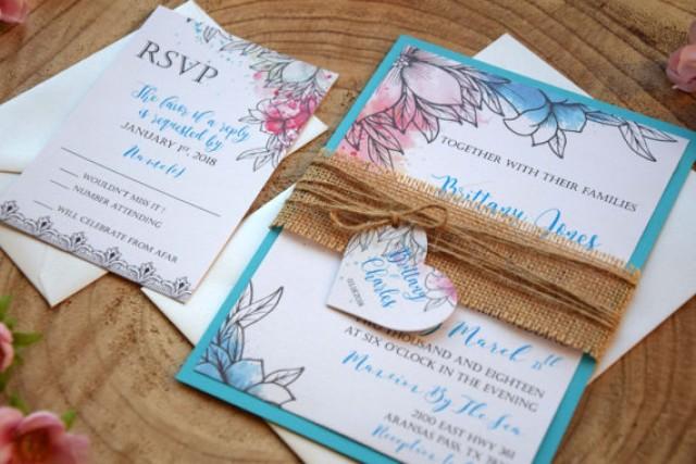 wedding photo - Turquoise Wedding Invitation, Floral Watercolor Wedding Invitation, Botanical Colorful Wedding Invitation, Custom Wedding Invites - SAMPLE