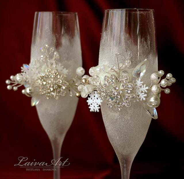 wedding photo - Snowflakes Winter Wedding Champagne Flutes Champagne Glasses Winter Wedding Christmas Wedding Holiday Wedding