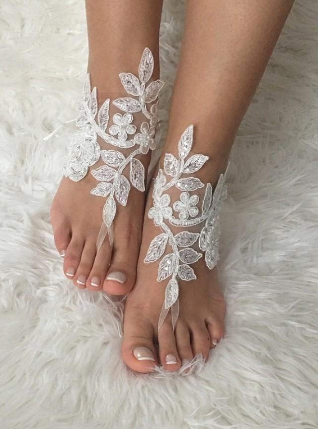 wedding photo - Ivory lace barefoot sandals, FREE SHIP, beach wedding barefoot sandals, belly dance, lace shoes, bridesmaid gift, beach shoes