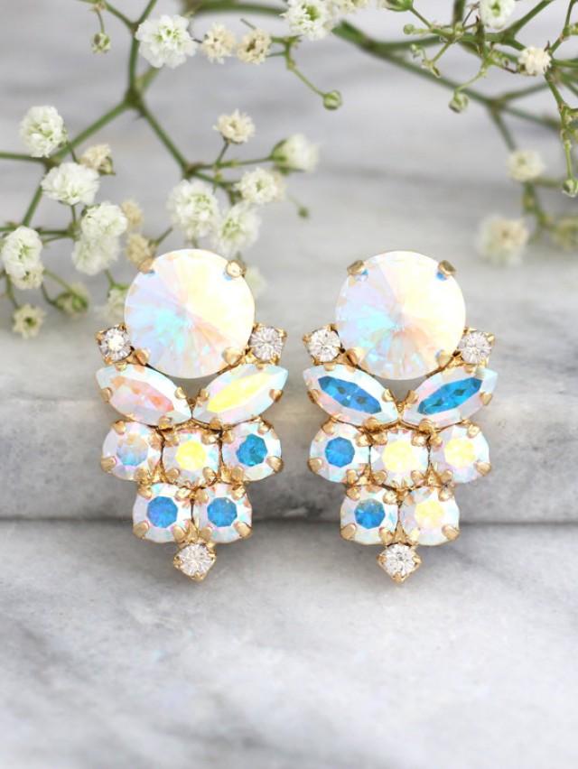 wedding photo - Aurora Borealis Earrings, Bridal Earrings, Bridal Cluster Earrings, AB Crystal Earrings,Bridesmaids Earrings, Gift For,Ice Crystal Earrings