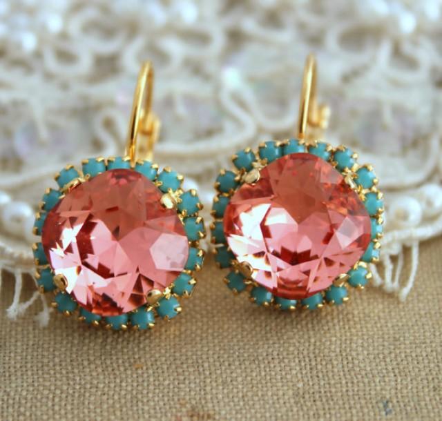 wedding photo - Peach Earrings,Coral Mint Earrings,Swarovski Salmon Pink Earrings,Bridesmaids Earrings,Turquoise Peach Earrings,Gift For Her,Drop Earrings