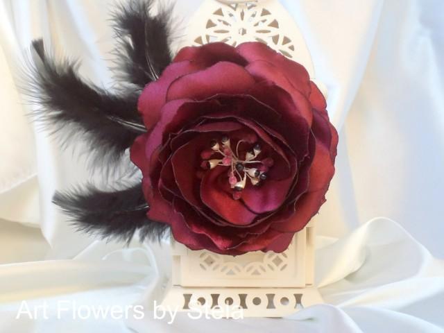 Burgundy Headpiece, Large Red Hair Flower, Satin Hair Rose, Scarlet Flower Pin, Red Wedding Hair Flower, Satin flower with feathers