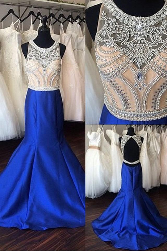 wedding photo - Delicate Crew Neck Open Back Sweep Train Royal Blue Mermaid Prom Dress with Beading