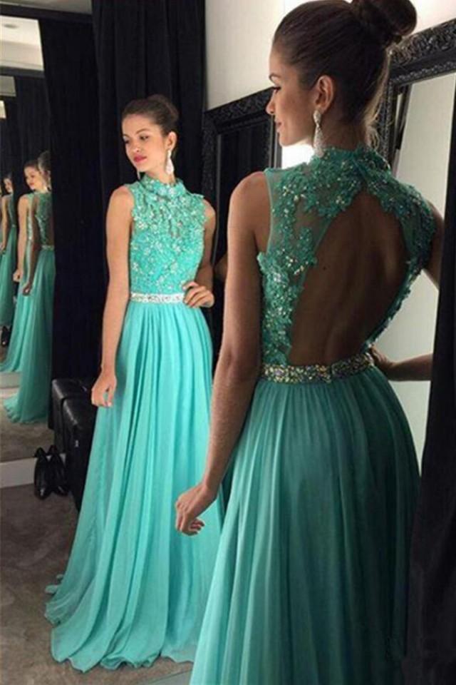 wedding photo - Dramatic Round Neck Open Back Floor-Length Turquoise Prom Dress with Beading Appliques