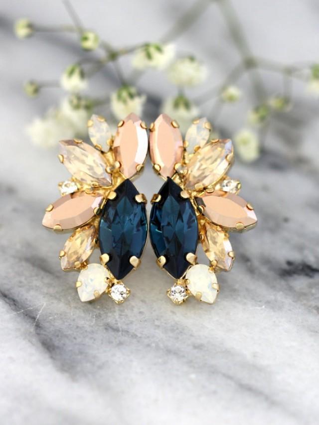 wedding photo - Blue Navy Earrings, Dark Blue Earrings, Blue Gold Earrings, Midnight Blue Cluster Earrings,Navy Blue Cluster Earrings, Bridesmaids Earrings