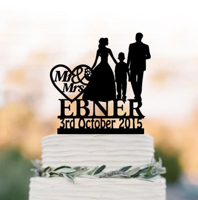 wedding photo - Family Wedding Cake topper with boy, bride and groom silhouette personalized wedding cake toppers name, funny wedding cake toppers with date