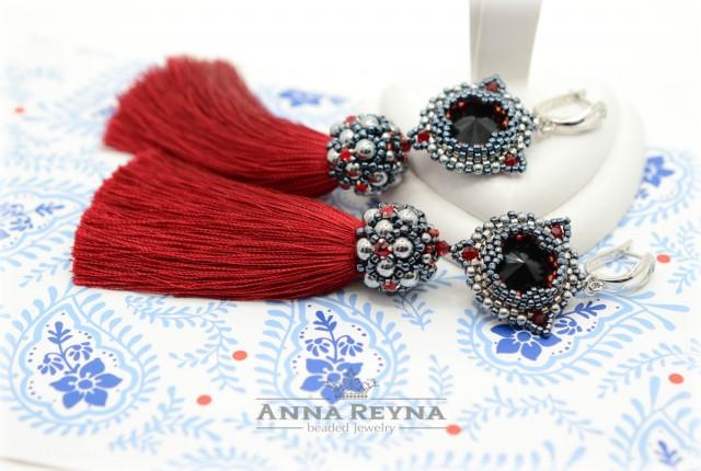 Red tassel earrings • Seed bead earrings • Swarovski earrings • Unique Gift • Tassel Earrings • Long tassel earrings • Evening earrings 