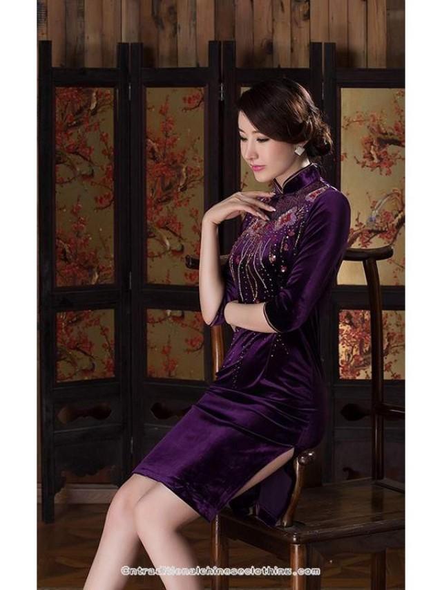wedding photo - Beaded floral embroidered silk velvet purple cheongsam dress - Cntraditionalchineseclothing.com