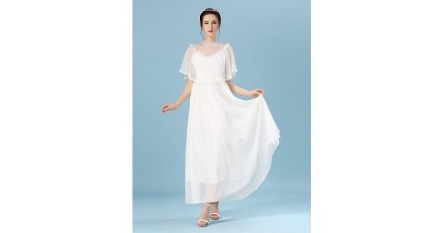 wedding photo - Ankle-length Chiffon / Lace / Tulle Bridesmaid Dress - White Ball Gown Jewel